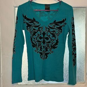 So Cute Women’s Dark Teal and Black Rhinestone embellished long sleeve T-shirt M